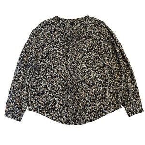 Talbots Womens Small Abstract Pintuck Pleat Blouse Black Tan Grey Long Sleeve